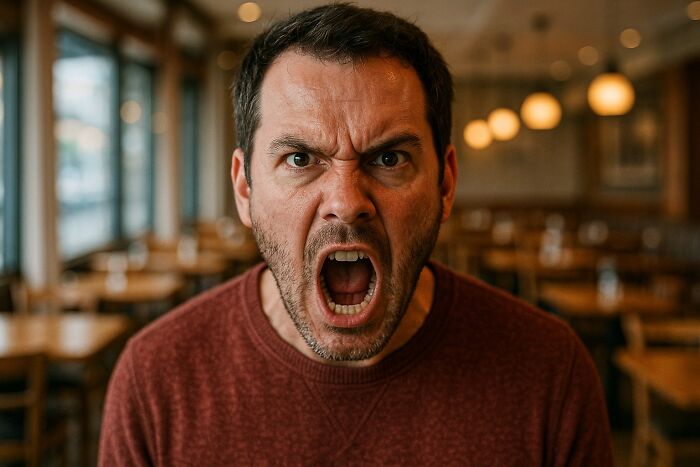 Angry man yelling indoors, expressing intense frustration linked to unhinged parents and diabolical behavior.