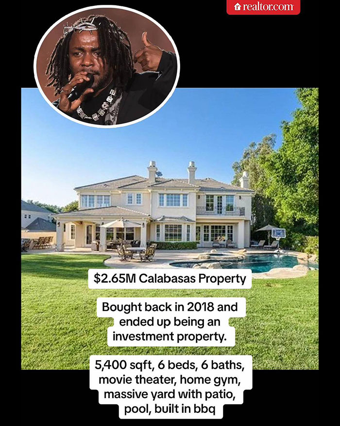 Kendrick Lamar’s Calabasas property worth $2.65M features 6 beds, 6 baths, pool, gym, and movie theater showcasing his net worth growth.