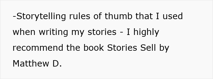 Text on a white background sharing storytelling rules of thumb and recommending the book Stories Sell by Matthew D.