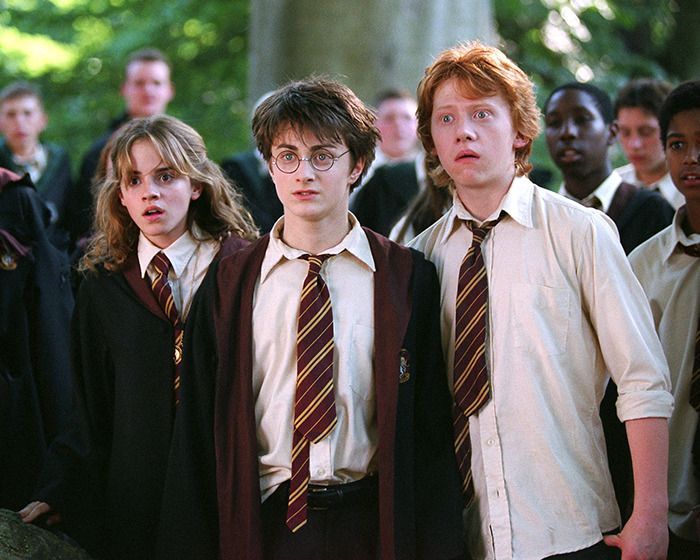Harry, Hermione, and Ron in Hogwarts uniforms, looking surprised during a scene from the upcoming Harry Potter series cast reveal. Harry, Hermione, and Ron in Hogwarts uniforms, looking surprised during a scene from the upcoming Harry Potter series cast reveal.