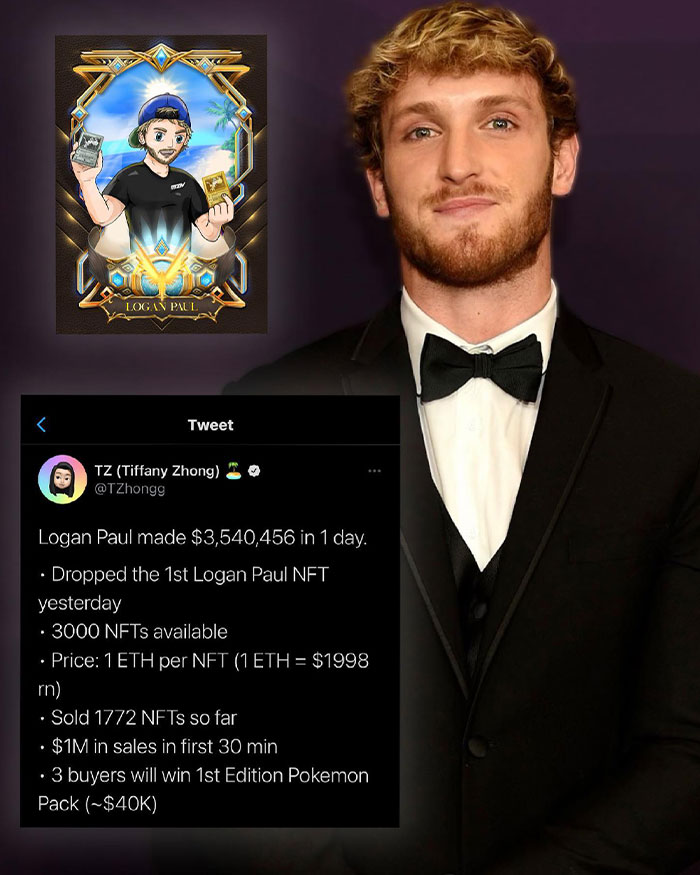 Logan Paul in a tuxedo next to a tweet about his NFT sales impacting his net worth after prime.