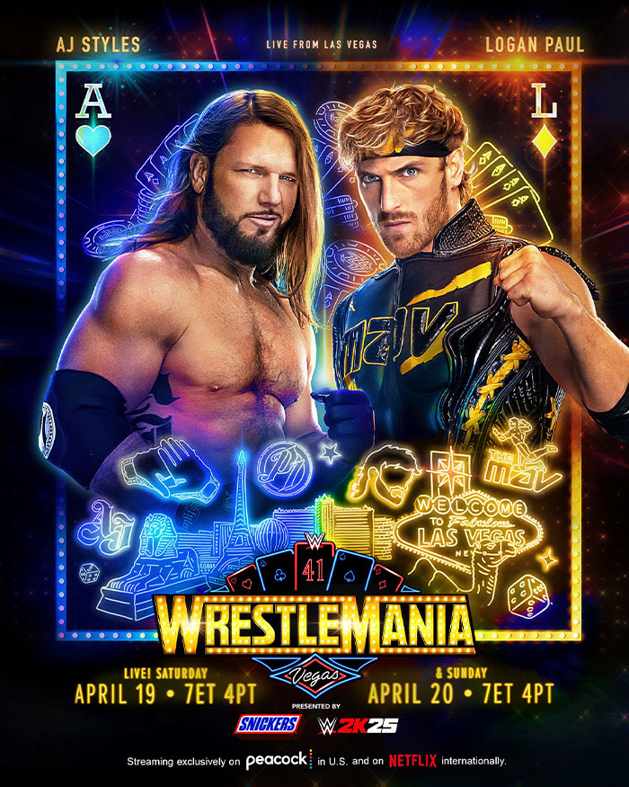 Wrestling event promotional image featuring Logan Paul and AJ Styles with neon Las Vegas-themed graphics.