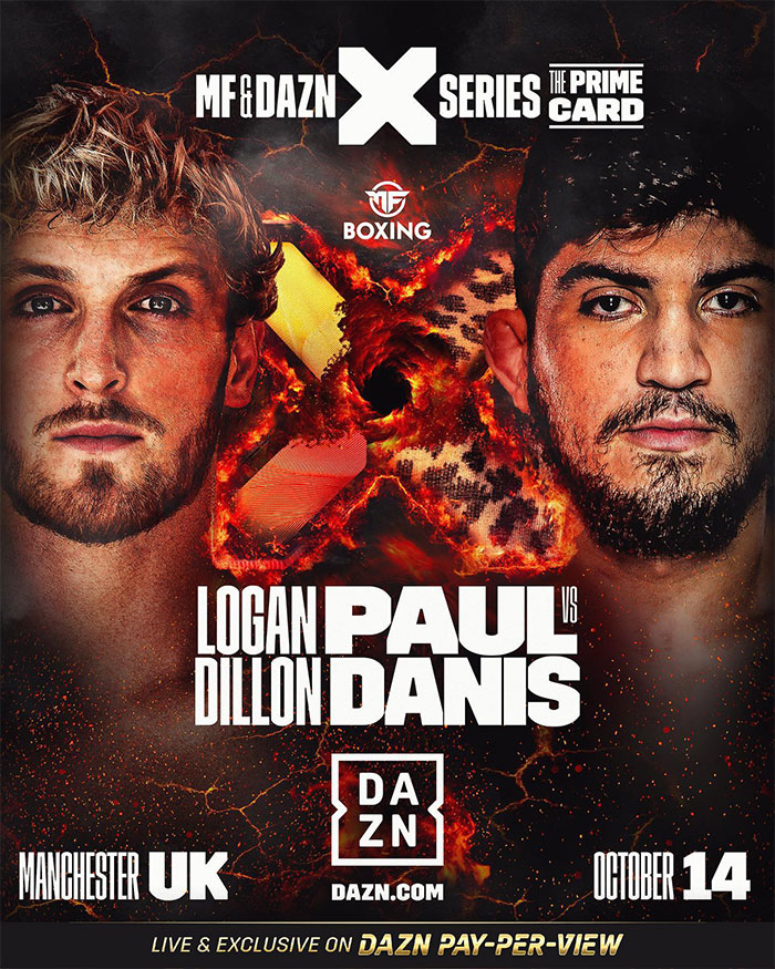 Promotional poster showing Logan Paul and Dillon Danis face to face for a boxing match in Manchester UK on October 14.