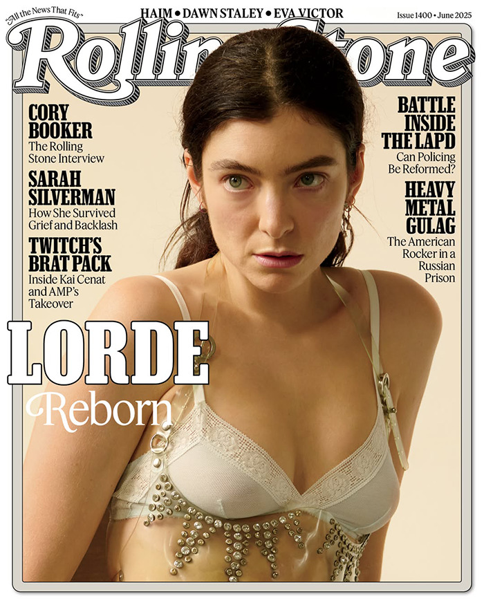 Lorde wearing a sheer embellished top in a close-up portrait for a Rolling Stone cover photo shoot. Lorde wearing a sheer embellished top in a close-up portrait for a Rolling Stone cover photo shoot.