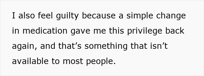Text on a white background discussing feeling guilty after regaining pretty privilege through a medication change. Text on a white background discussing feeling guilty after regaining pretty privilege through a medication change.
