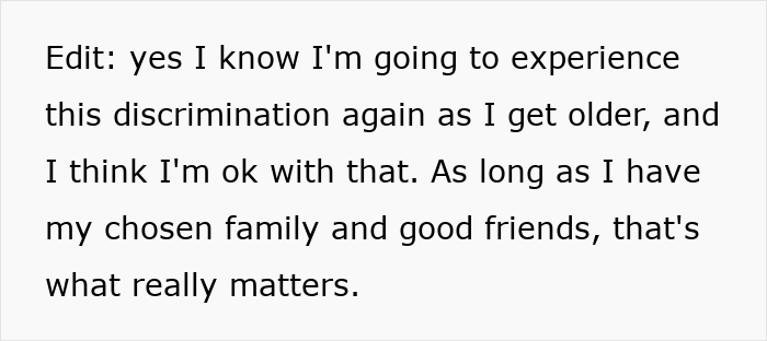 Text excerpt showing a woman reflecting on experiencing discrimination after losing her pretty privilege and valuing chosen family and friends. Text excerpt showing a woman reflecting on experiencing discrimination after losing her pretty privilege and valuing chosen family and friends.