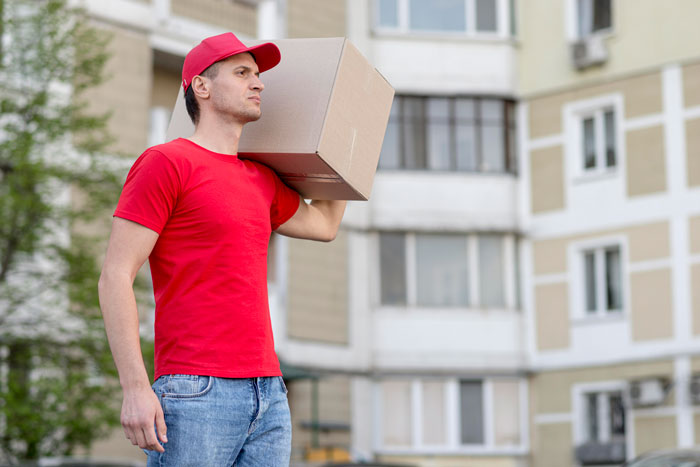 Mailman in red shirt and cap carrying a cardboard box outdoors in a residential neighborhood.
