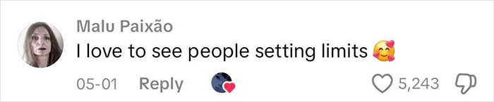 Comment on social media post expressing love for people setting limits, related to man pushing mom away during baby's gender reveal debate. Comment on social media post expressing love for people setting limits, related to man pushing mom away during baby's gender reveal debate.