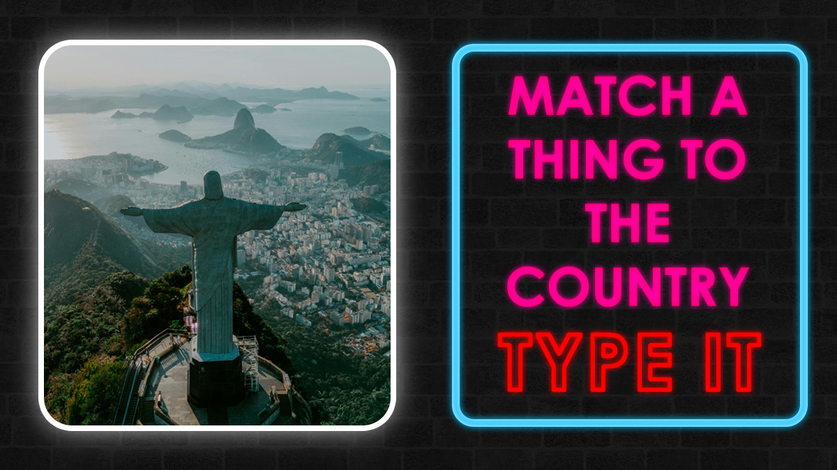 Christ the Redeemer statue overlooking Rio de Janeiro with text inviting to match a thing to the country quiz.