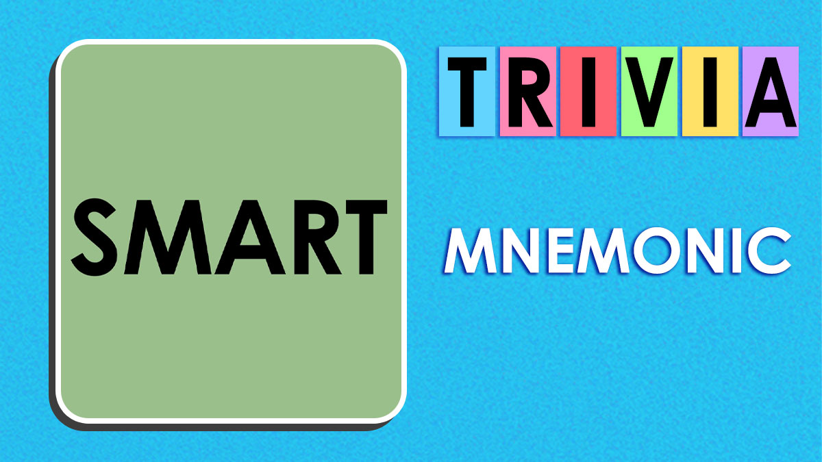 Colorful trivia and mnemonic text on a blue background with a green block labeled smart for memory IQ quiz.