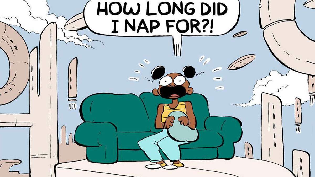 Cartoonist illustrating awkward, chaotic life of young adult surprised on couch asking how long they napped.