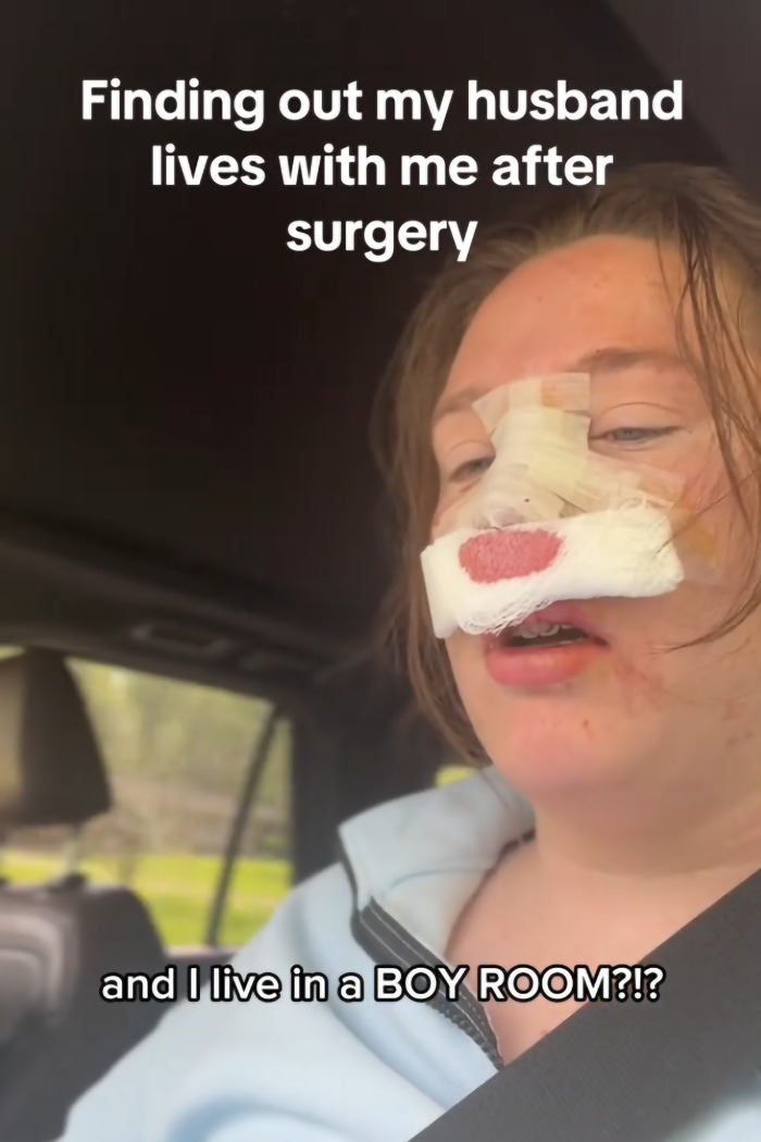 Woman waking from surgery with nose bandages, surprised and unprepared for how many kids she gave birth to at home. Woman waking from surgery with nose bandages, surprised and unprepared for how many kids she gave birth to at home.
