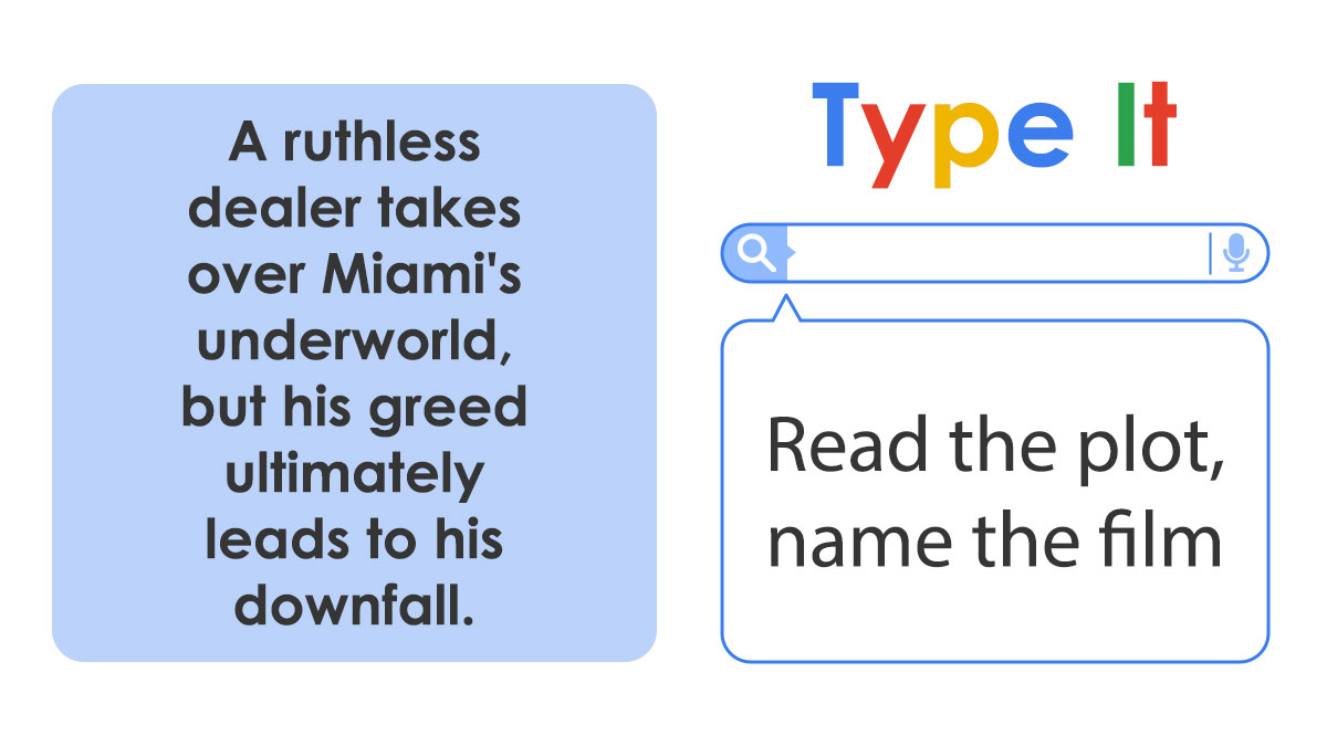 Plot describing a ruthless Miami dealer's downfall in a Hollywood IQ movie title guessing quiz.