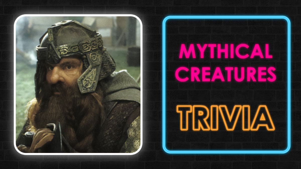 Dwarf warrior in detailed armor next to neon sign reading mythical creatures trivia quiz on dark background.