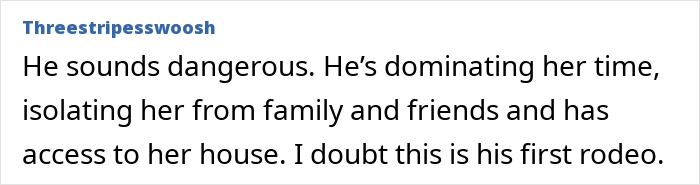 Screenshot of a comment warning about a dangerous new romance isolating a grieving mom from family and friends.