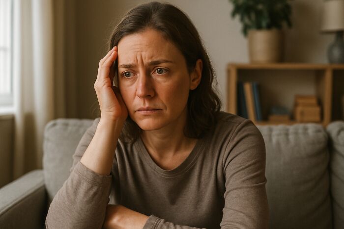 Worried woman sitting on couch with hand on face, reflecting daughter supports grieving mom’s new romance concerns.