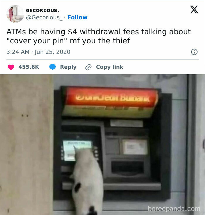 Meme about ATM withdrawal fees paired with a cat using an ATM, illustrating nostalgia 4 millennials humor.
