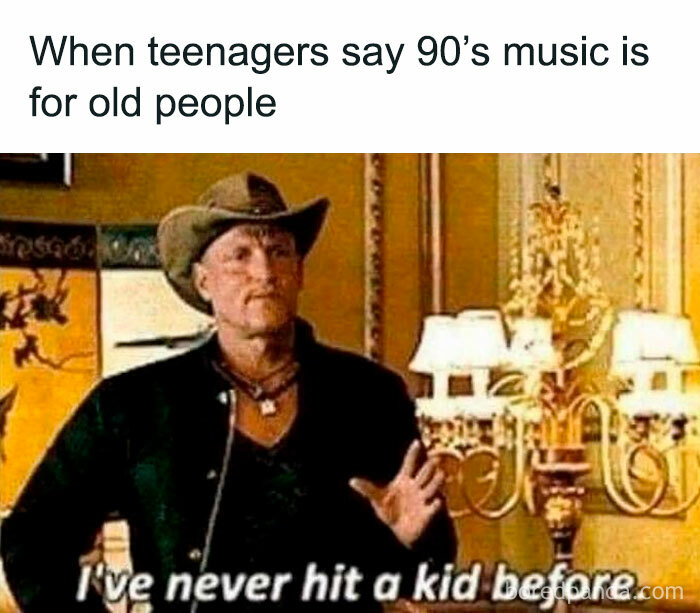 Man in cowboy hat reacting humorously to teenagers saying 90s music is for old people, nostalgia 90s memes for millennials.