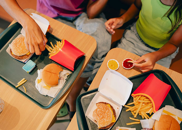 Two children eating fast food with burgers and fries on trays, highlighting concerns about feeding habits. Two children eating fast food with burgers and fries on trays, highlighting concerns about feeding habits.