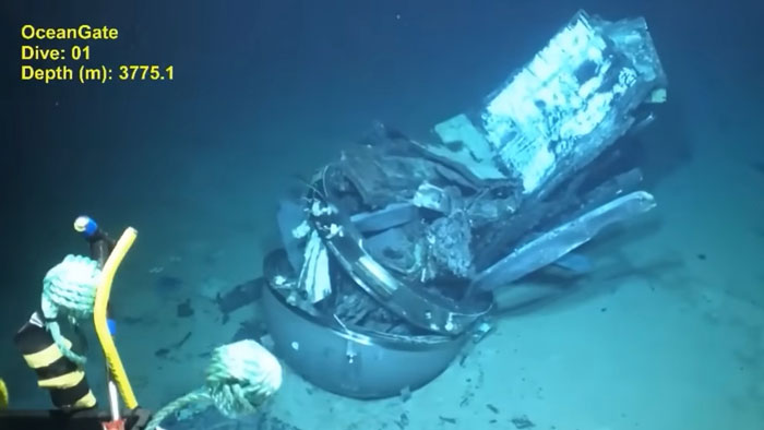 Underwater footage of OceanGate debris at 3775 meters depth showing wreckage from the implosion incident revealed in new documentary. Underwater footage of OceanGate debris at 3775 meters depth showing wreckage from the implosion incident revealed in new documentary.