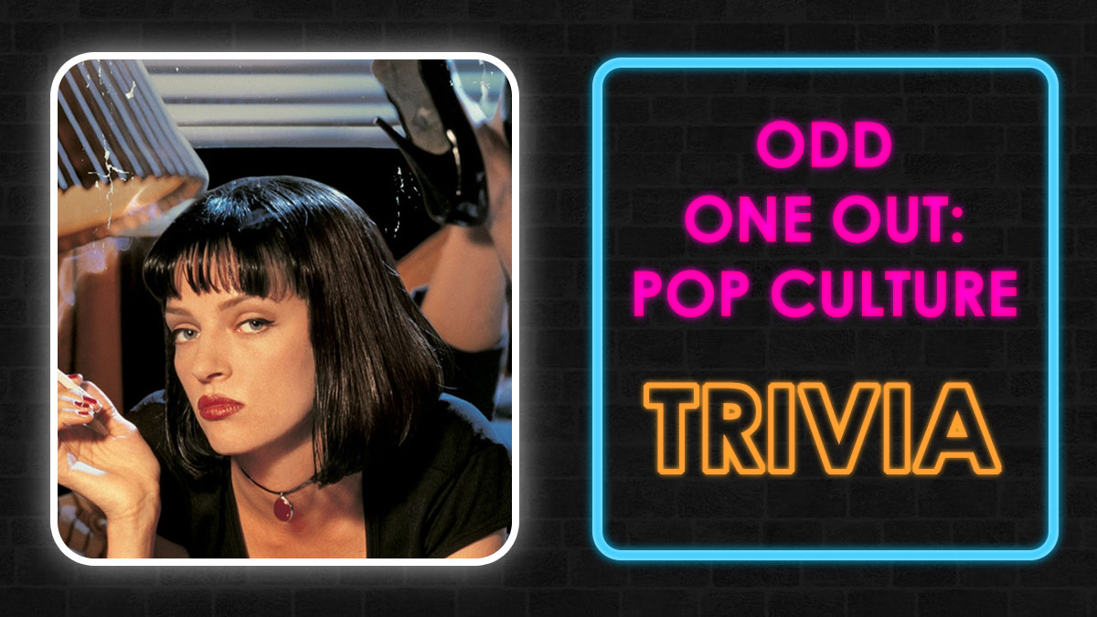 Pop culture trivia featuring a woman with black hair and a choker alongside odd one out quiz text in neon colors.