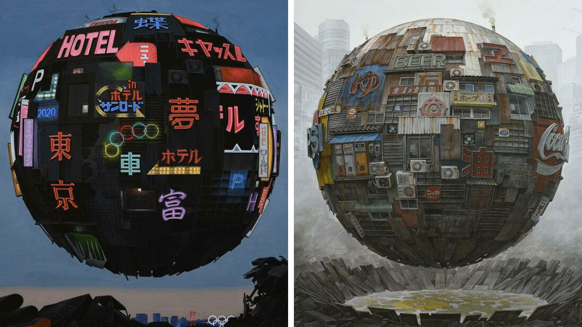 Surreal floating spheres representing post-apocalyptic urban cities covered with signs and architectural elements.