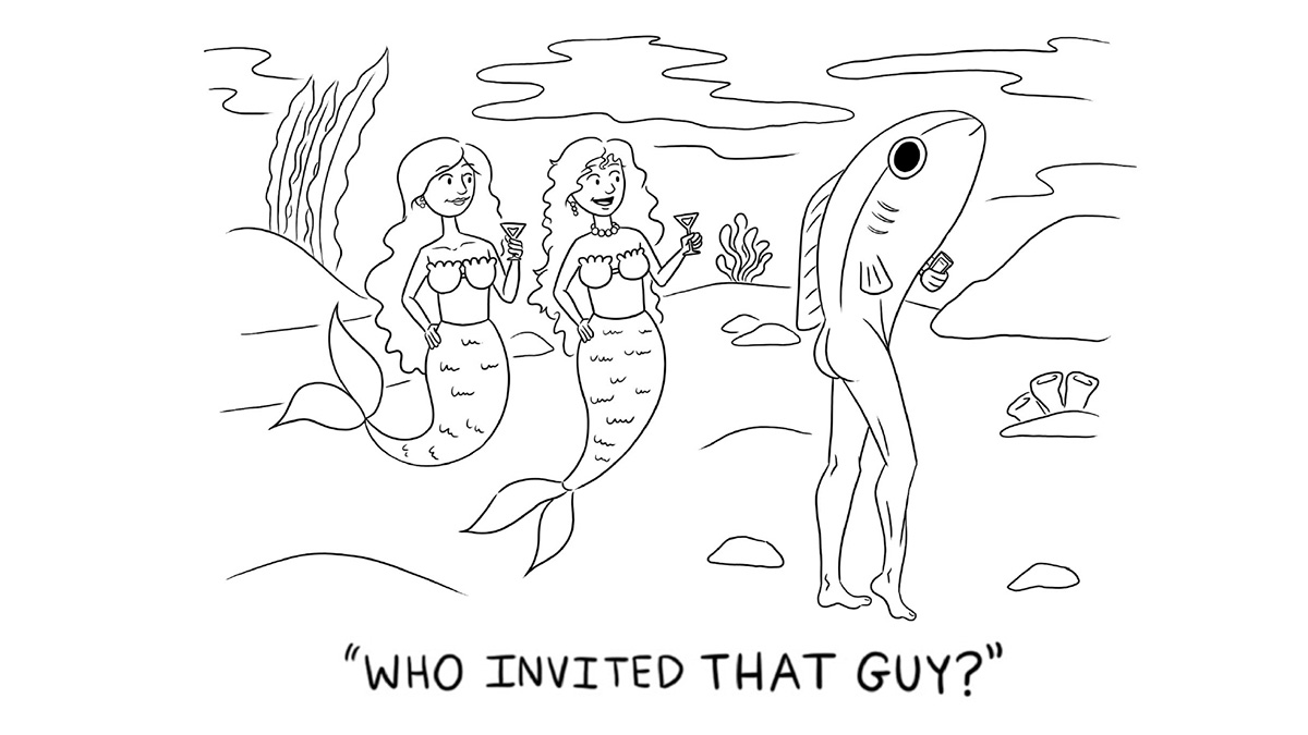 Two mermaids holding drinks look surprised at a man in a fish costume in a hilarious relatable one-panel gag cartoon.