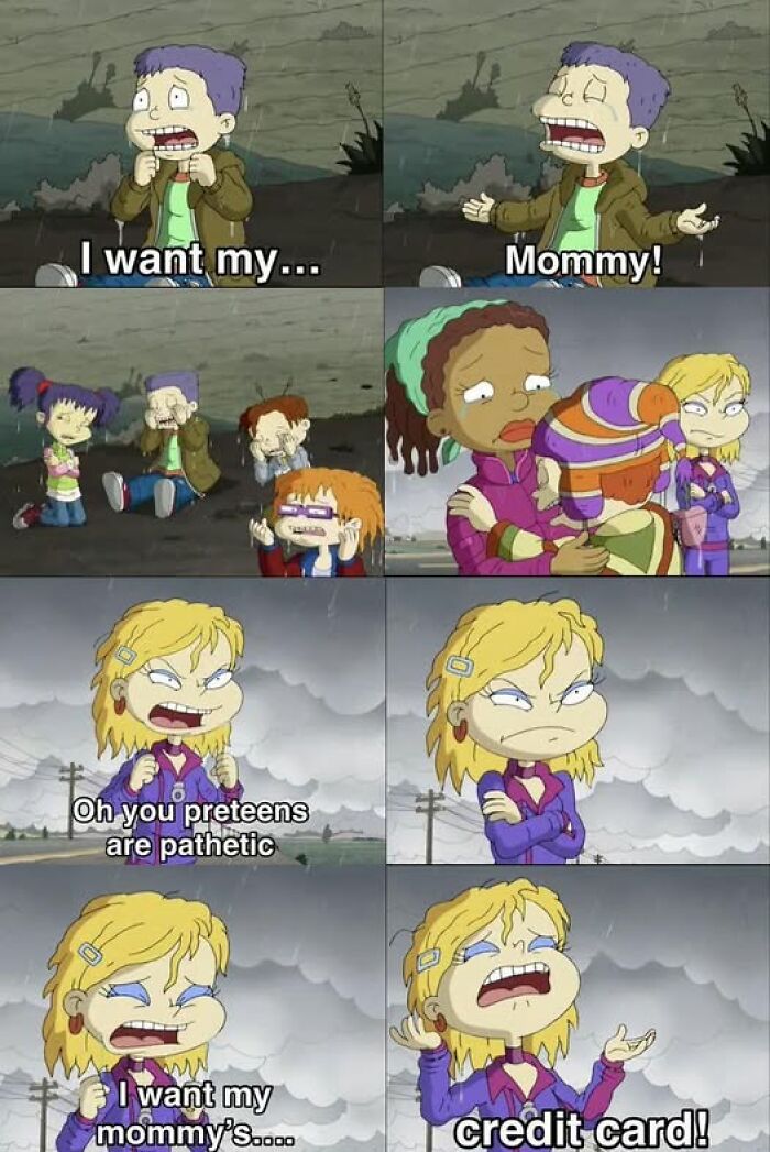 Cartoon kids crying and humorously nostalgic meme about wanting their mommy's credit card from good old days.