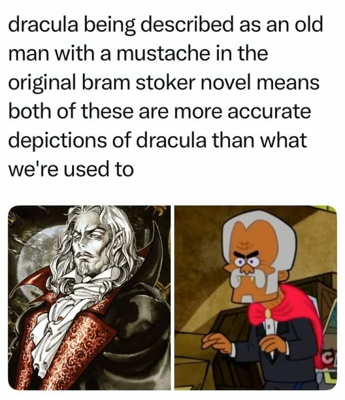 Two depictions of Dracula with mustaches highlighting nostalgic memes from the good old days in contrasting art styles.