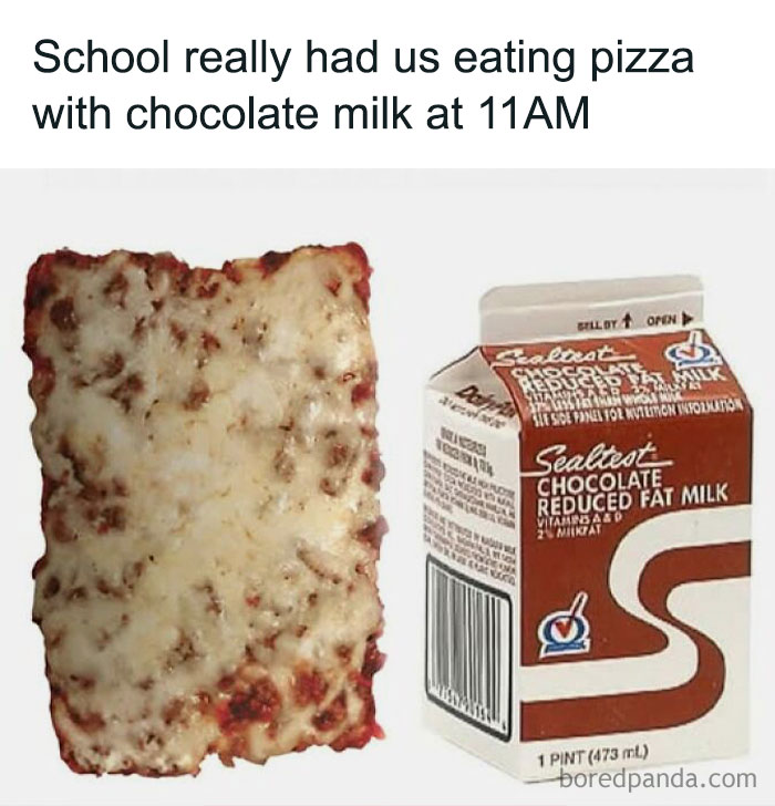 Nostalgic meme of school pizza slice and carton of chocolate milk representing good old days memories.
