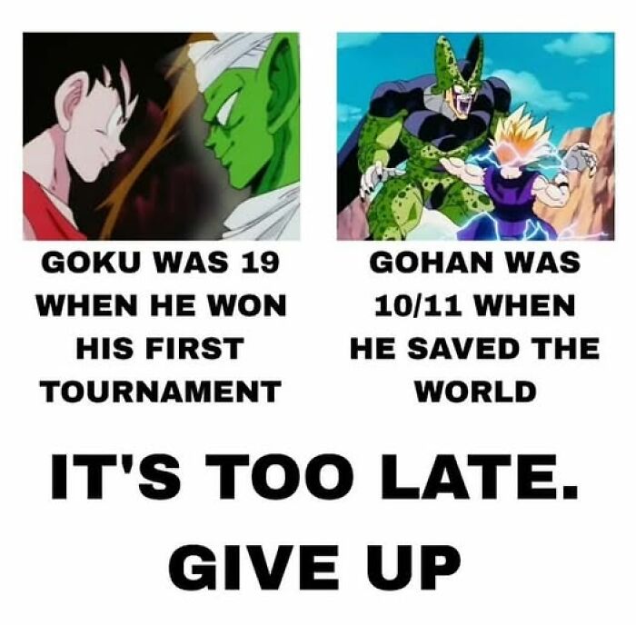 Dragon Ball Z characters Goku and Gohan with text highlighting their ages, invoking nostalgic memes from the good old days.