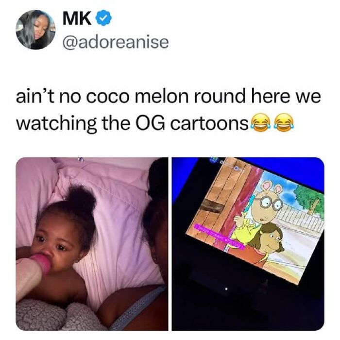 Child drinking from a bottle watching nostalgic OG cartoons on TV, capturing a moment of nostalgia and childhood memories.