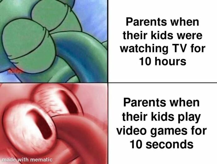 Spongebob meme showing parents' reactions to kids watching TV vs playing video games, nostalgic memes humor.