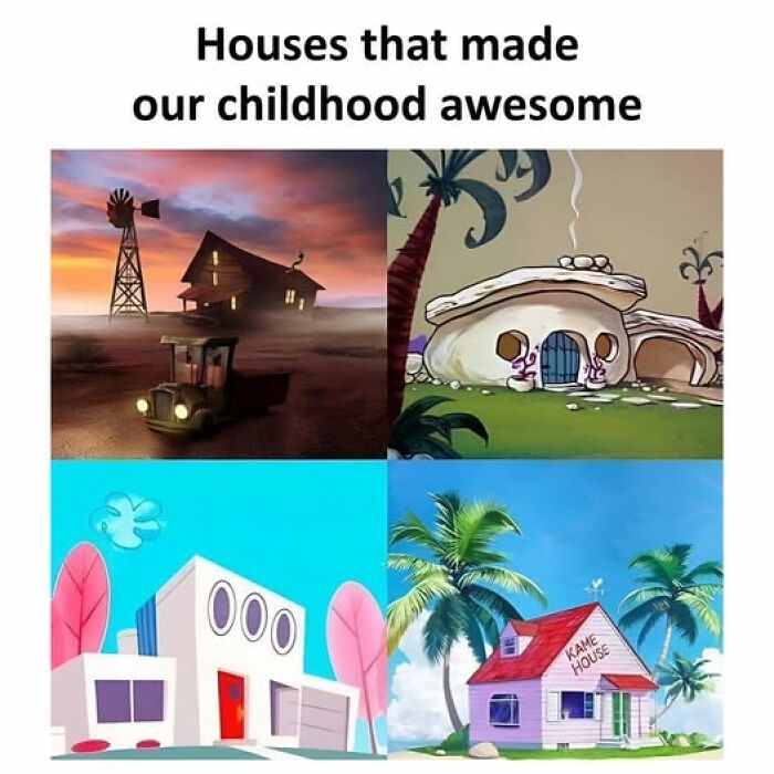 Cartoon houses that evoke nostalgia and memories of childhood from popular animated shows and memes.