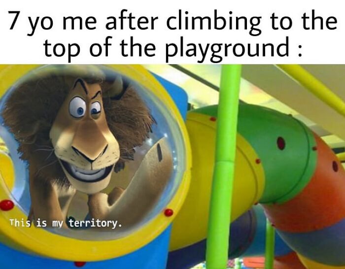 Animated lion character inside a playground tube slide with nostalgic meme text about childhood territory and playground dominance.