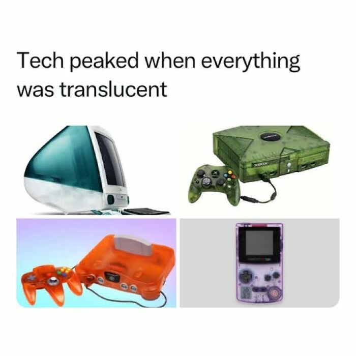 Translucent tech devices including vintage Apple computer, Xbox console, Nintendo 64, and Game Boy evoke nostalgic memories.
