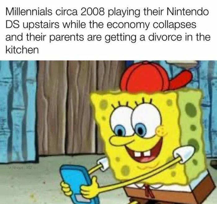 SpongeBob playing Nintendo DS in 2008, capturing nostalgic memes about millennials and the good old days.