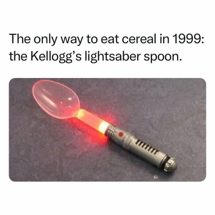 Vintage Kellogg’s lightsaber spoon from 1999 glowing red, a nostalgic meme reminding of good old days cereal eating.
