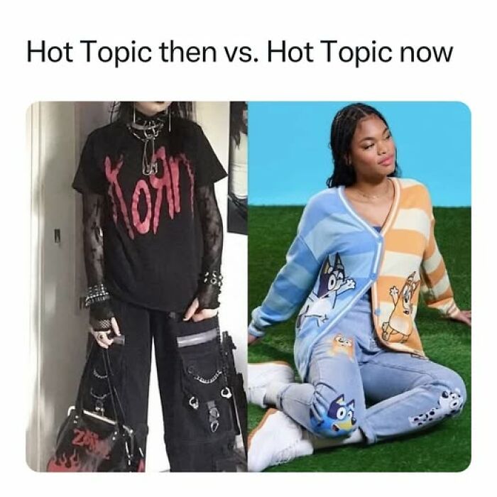 Side-by-side comparison of then and now Hot Topic fashion styles, evoking nostalgic memes from the good old days.