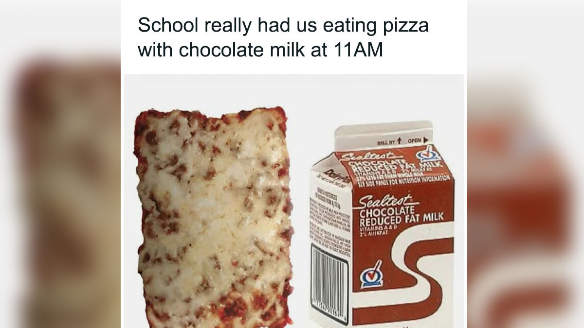 Slice of pizza and carton of chocolate milk illustrating nostalgic school lunch memories in memes.