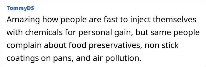 Comment highlighting skepticism about self-injecting chemicals for weight loss, related to Ozempic diet medicine debate. Comment highlighting skepticism about self-injecting chemicals for weight loss, related to Ozempic diet medicine debate.