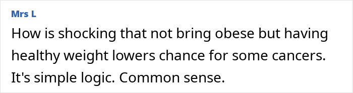 Comment from Mrs L discussing healthy weight benefits and cancer risk in relation to Ozempic, the popular diet medicine debate. Comment from Mrs L discussing healthy weight benefits and cancer risk in relation to Ozempic, the popular diet medicine debate.
