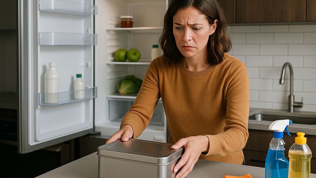 Worried woman in kitchen holding metal box of olives near cleaning supplies with open fridge in background.