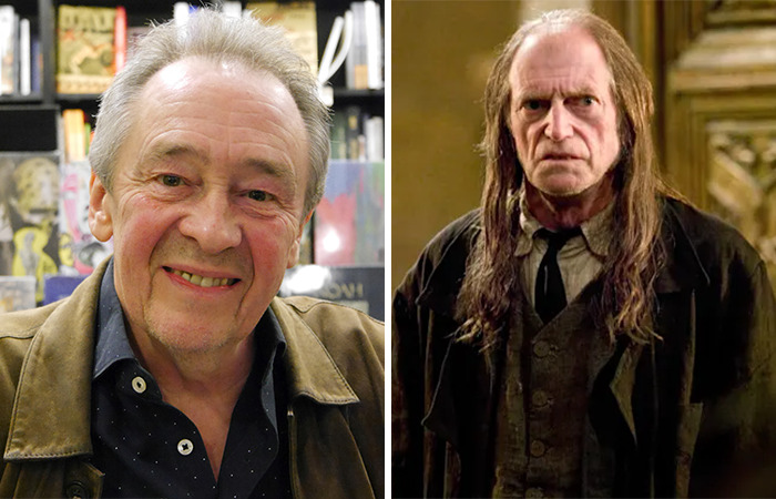 Portrait of two older men side by side, one smiling casually, the other dressed in Harry Potter series costume and makeup. Portrait of two older men side by side, one smiling casually, the other dressed in Harry Potter series costume and makeup.