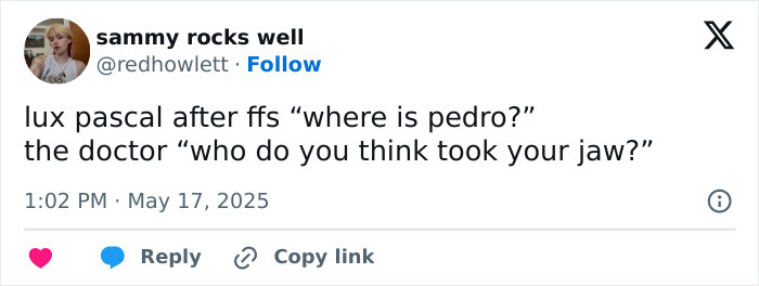 Tweet by user sammy rocks well discussing Pedro Pascal’s new jaw, with fans guessing about plastic surgery or Ozempic effects. Tweet by user sammy rocks well discussing Pedro Pascal’s new jaw, with fans guessing about plastic surgery or Ozempic effects.