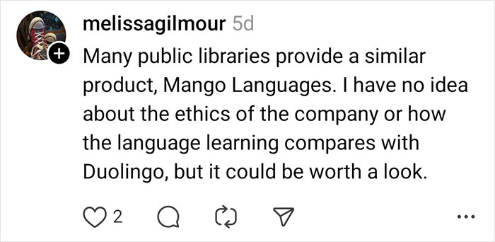 Screenshot of a social media comment discussing language learning platforms and mentioning Duolingo’s AI-first strategy.