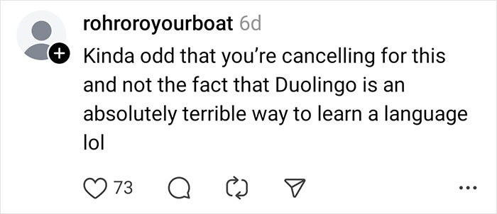 User comment criticizing Duolingo language learning and cancellation, reflecting views on Duolingo AI-first strategy impact.