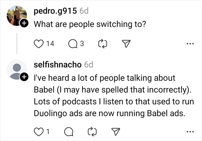 User discussion about Duolingo’s AI-first strategy causing many users to switch to other language learning apps like Babel.
