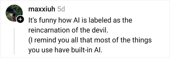 Screenshot of a social media comment discussing AI labeled as the reincarnation of the devil and its widespread use.