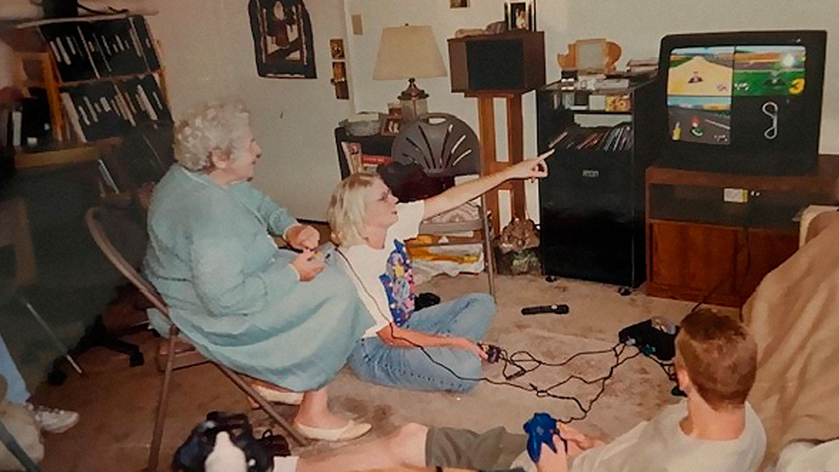 People share found photos of three generations enjoying a retro video game together in a cozy living room.